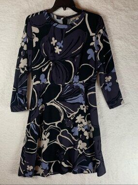 Ann Taylor Loft 6 Dress Retro‎ Black Purple grey floral Print Long Sleeve 4895